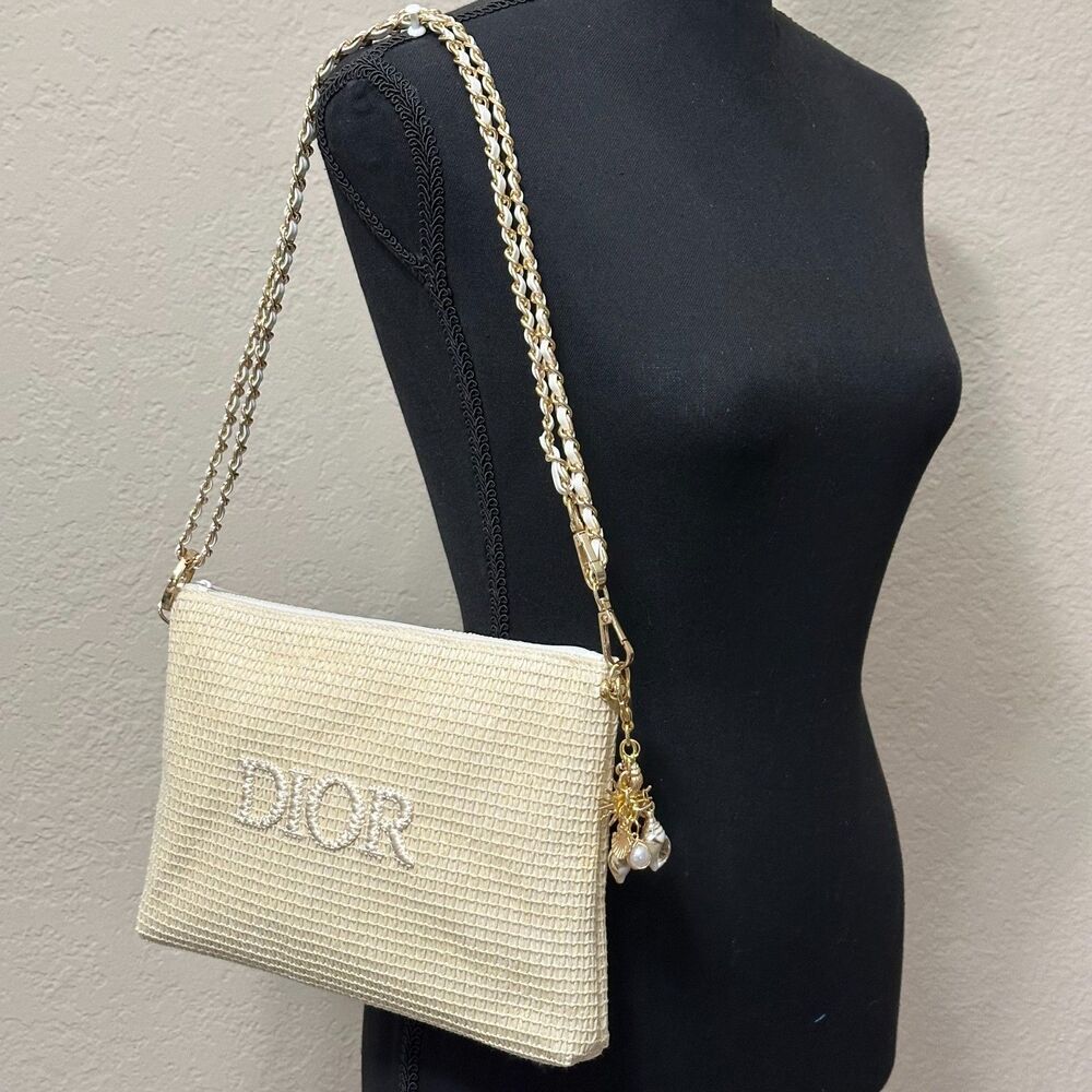 Dior Beige Embroidered Logo Cosmetic Pouch with Gold Chain - Picture 2 of 8